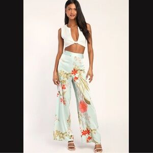 Thriving Vibes Mint Green Floral Print Satin Wide-Leg Pants
